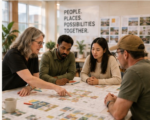 Community members and designers collaborating around plans